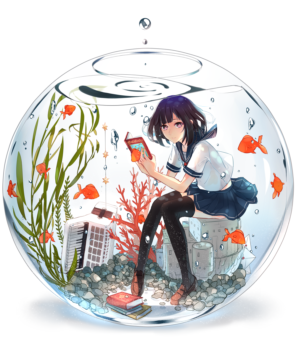 1girl, accordion, air_bubble, black_hair, black_legwear, book, coral, fish