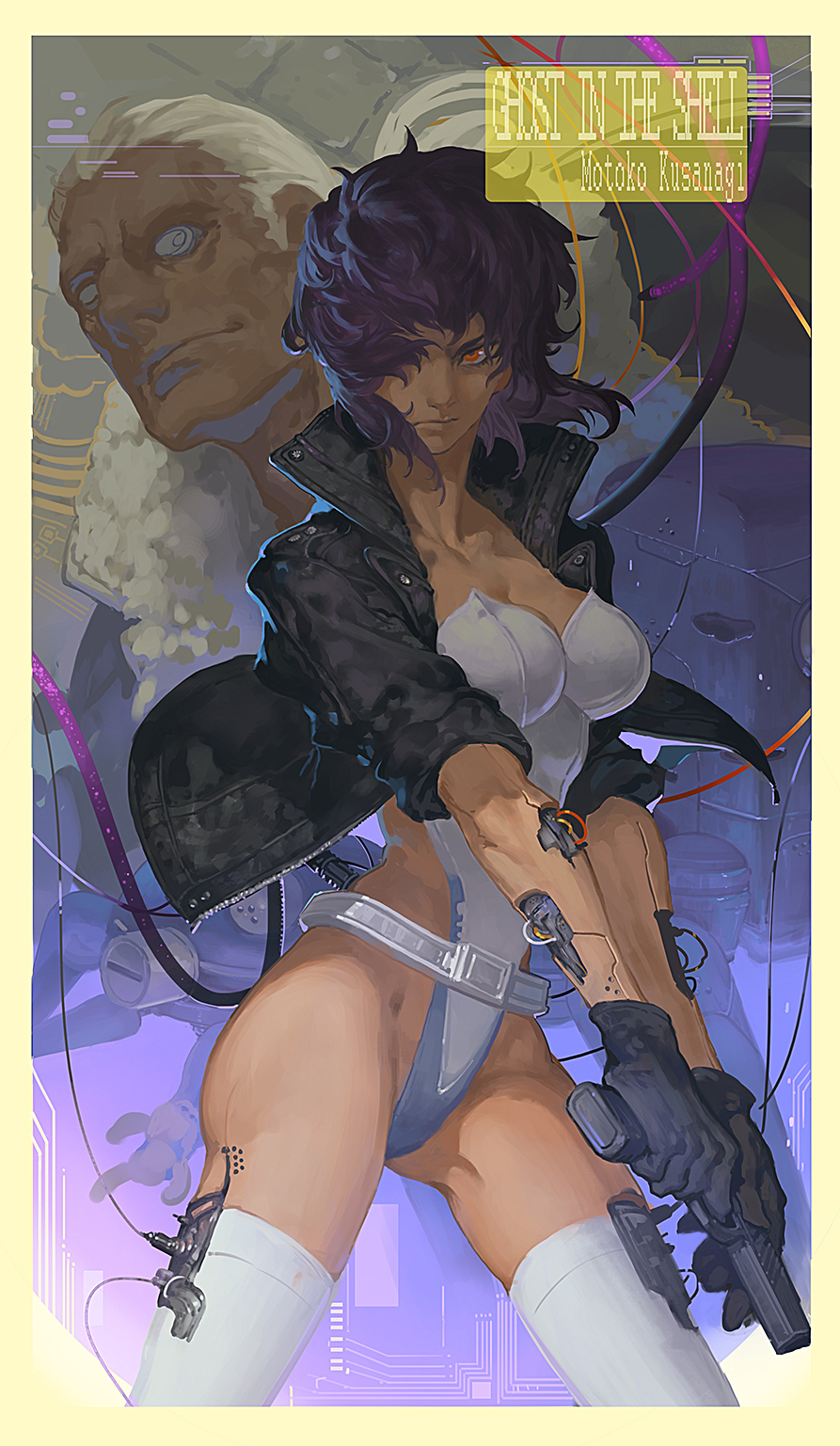 batou, circuit_board, cyborg, ghost_in_the_shell, ghost_in_the_shell_stand_alone_complex, gloves, gun, hair_over_one_eye, highres, jacket, kusanagi_motoko, leotard, purple_hair, red_eyes, tachikoma, thighhighs, tube, weapon, wire