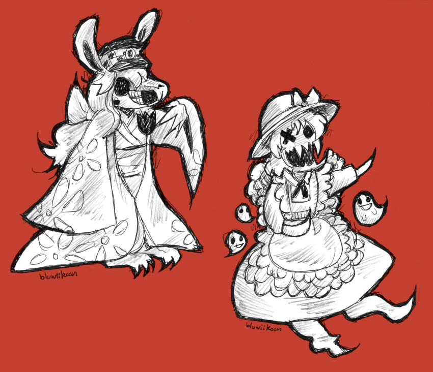 bluwiikoon, ghost, maid, monochrome, off, reisen_udongein_inaba, signature, tail