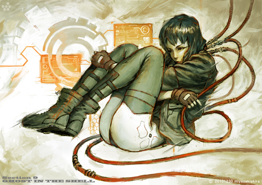 1girl, ass, boots, cyborg, fingerless_gloves, ghost_in_the_shell, gloves, jacket, knees_to_chest, kusanagi_motoko, leotard, lips, miyazaki, plug, red_eyes, solo, technology, tube