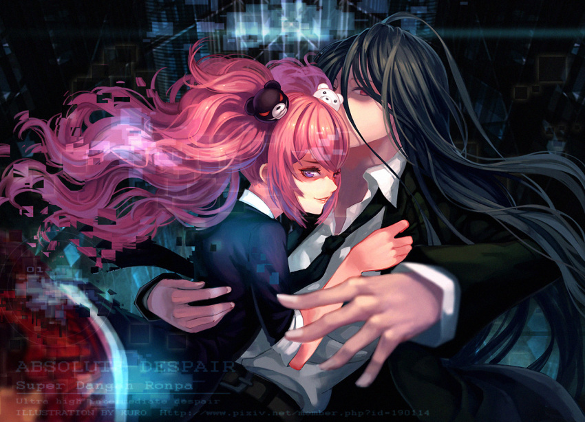 1boy, 1girl, black_hair, catwyz, dangan_ronpa, enoshima_junko, formal, hair_ornament