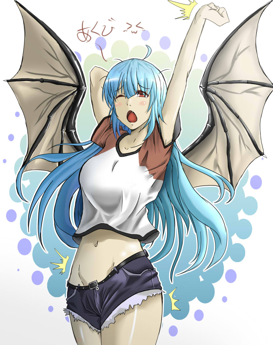 1girl, ahoge, arm_behind_head, arm_up, bat_wings, blue_hair, blush, denim