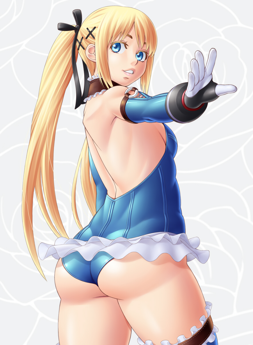 1girl, ass, bare_back, bare_shoulders, blonde_hair, blue_eyes, breasts, dead_or_alive, dead_or_alive_5, gloves, highres, long_hair, marie_rose, masato_(mk), ponytail, sideboob, small_breasts, smile, solo, thighs