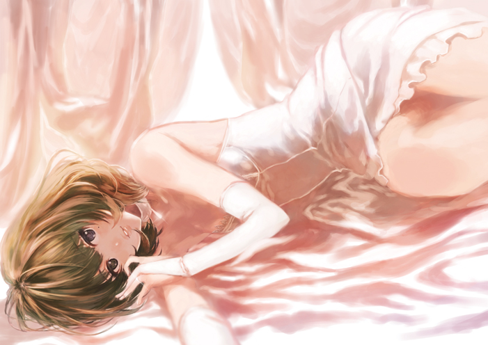 1girl, bare_shoulders, blue_eyes, bowcan, bridal_gauntlets, brown_hair, dress, idolmaster