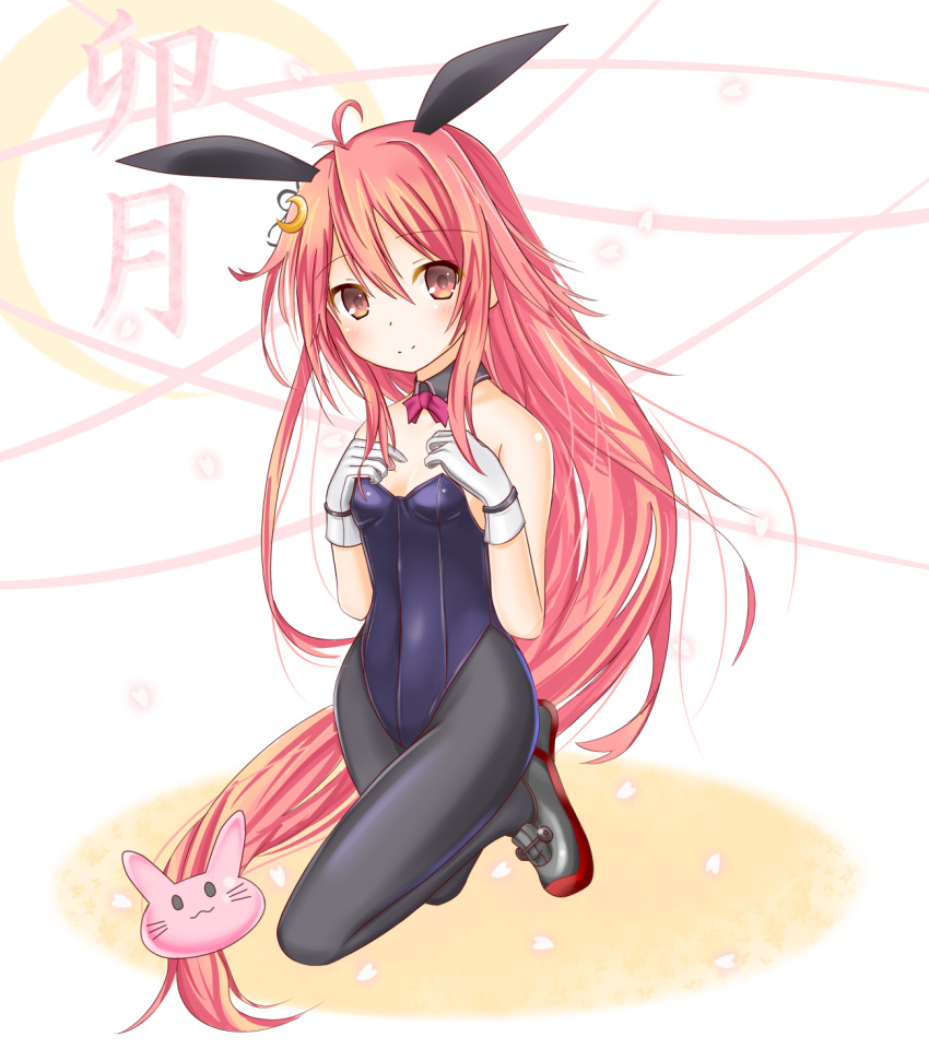 1girl, animal_ears, black_legwear, bowtie, breasts, bunny_hair_ornament, bunnysuit, crescent_hair_ornament, detached_collar, fake_animal_ears, gloves, hair_ornament, highres, kantai_collection, kneeling, langley1000, leotard, long_hair, pantyhose, personification, rabbit_ears, red_eyes, redhead, shoes, short_hair, smile, sneakers, solo, uzuki_(kantai_collection), wrist_cuffs