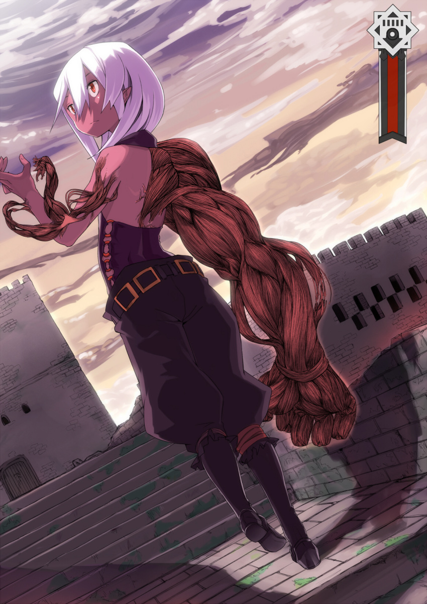 1girl, belt, boots, brown_eyes, castle, clouds, dark_skin, dutch_angle