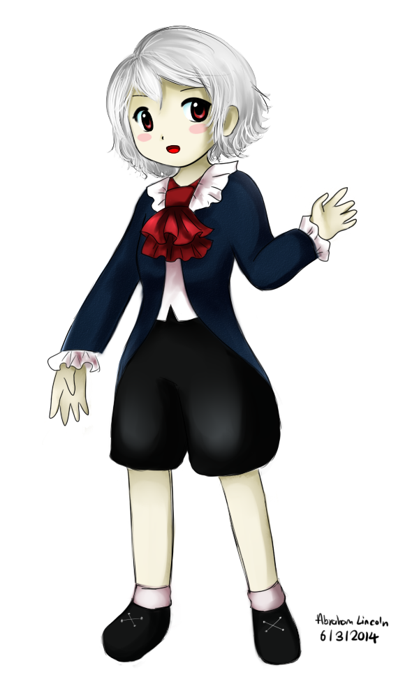1boy, black_shoes, flandre495, frilled_sleeves, george_washington, oota_jun'ya_(style), pants, parody, real_life, red_eyes, short_hair, signature, silver_hair, smile, solo, style_parody, touhou, what
