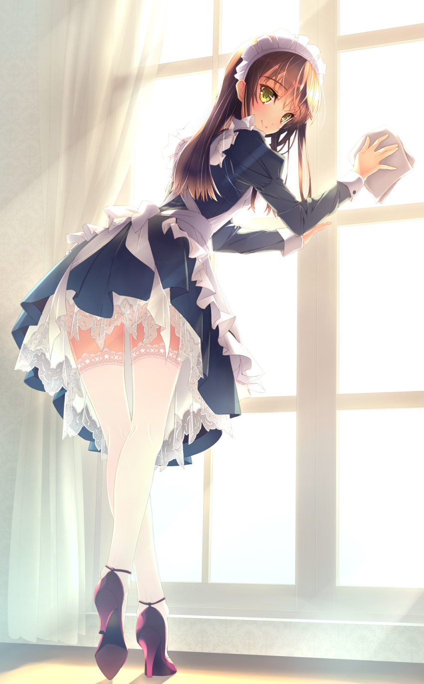 1girl, brown_hair, curvy, dress, female, high_heels, highres, lace, lace-trimmed_dress, lace-trimmed_thighhighs, legs, long_hair, maid, maid_headdress, murakami_suigun, original, panties, pantyshot, see-through, smile, solo, thighhighs, underwear, white_legwear, white_panties, window, wiping, yellow_eyes