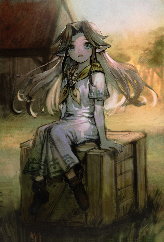 aoki_(fumomo), blue_eyes, brown_hair, long_hair, majora's_mask, nintendo, pointy_ears, romani