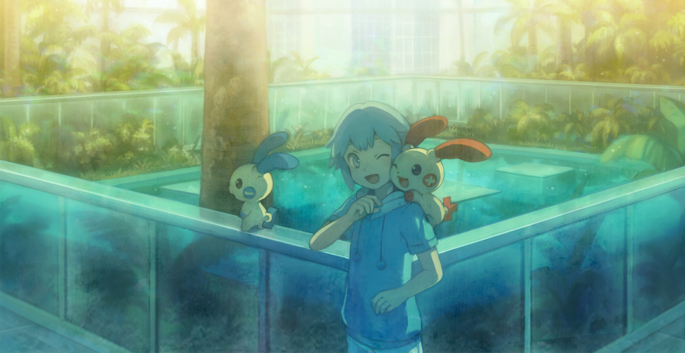 ;d, androgynous, blue_eyes, blue_hair, hoodie, kirobaito, minun, nintendo