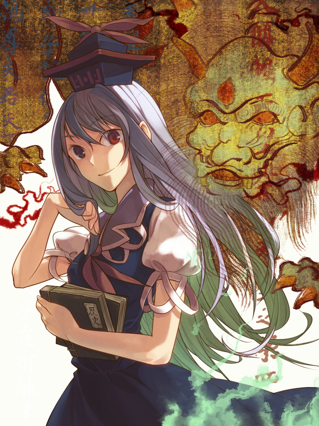 adjusting_hair, blue_hair, book, colored, cos, cosmic_(crownclowncosmic), hands, hat, highres, kamishirasawa_keine, long_hair, nakatani, red_eyes, smile, solo, touhou