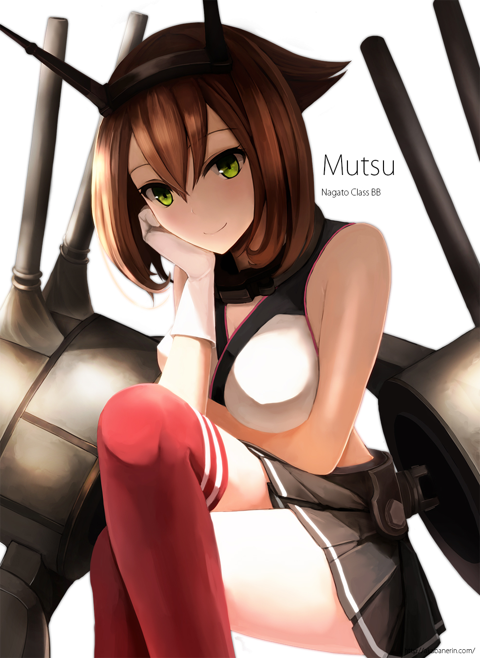 1girl, akabane_rin, breasts, brown_hair, character_name, gloves, green_eyes, hand_on_own_cheek