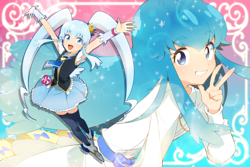 2girls, :d, arms_up, black_legwear, blouse, blue_background, blue_eyes, blue_hair, blue_skirt, bow, crown, cure_princess, gradient, gradient_background, happinesscharge_precure!, kumo_suzume, long_hair, magical_girl, mini_crown, multiple_girls, necktie, open_mouth, payot, pink_background, precure, shirayuki_hime, shoes, skirt, smile, thighhighs, twintails, v, white_skirt, wrist_cuffs