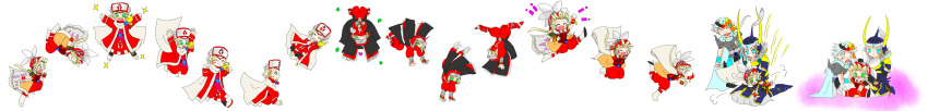 3boys, absurdres, alternate_costume, armor, artist_request, blonde_hair, blue_eyes, blush, cape, clenched_hands, closed_eyes, dissidia_final_fantasy, final_fantasy, final_fantasy_i, final_fantasy_ii, final_fantasy_iii, frioniel, green_eyes, grey_hair, helmet, highres, kneeling, leaf, long_image, looking_at_another, looking_down, male, motion_lines, multiple_boys, ninja, onion_knight, open_mouth, sage_(final_fantasy), sitting, smile, sweatdrop, tagme, tripping, warrior_of_light, white_hair, wide_image, wink