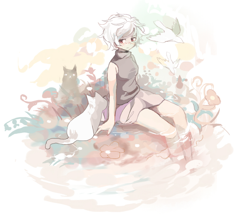 .flow, 1girl, arm_support, bird, cat, expressionless, flower, looking_away