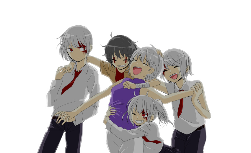 .flow, 2girls, 3boys, ^_^, arm_around_neck, bandages, blood, bob_cut
