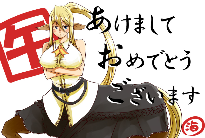 1girl, belt, blonde_hair, blue_eyes, breasts, centaur, centorea_shianus, crossed_arms