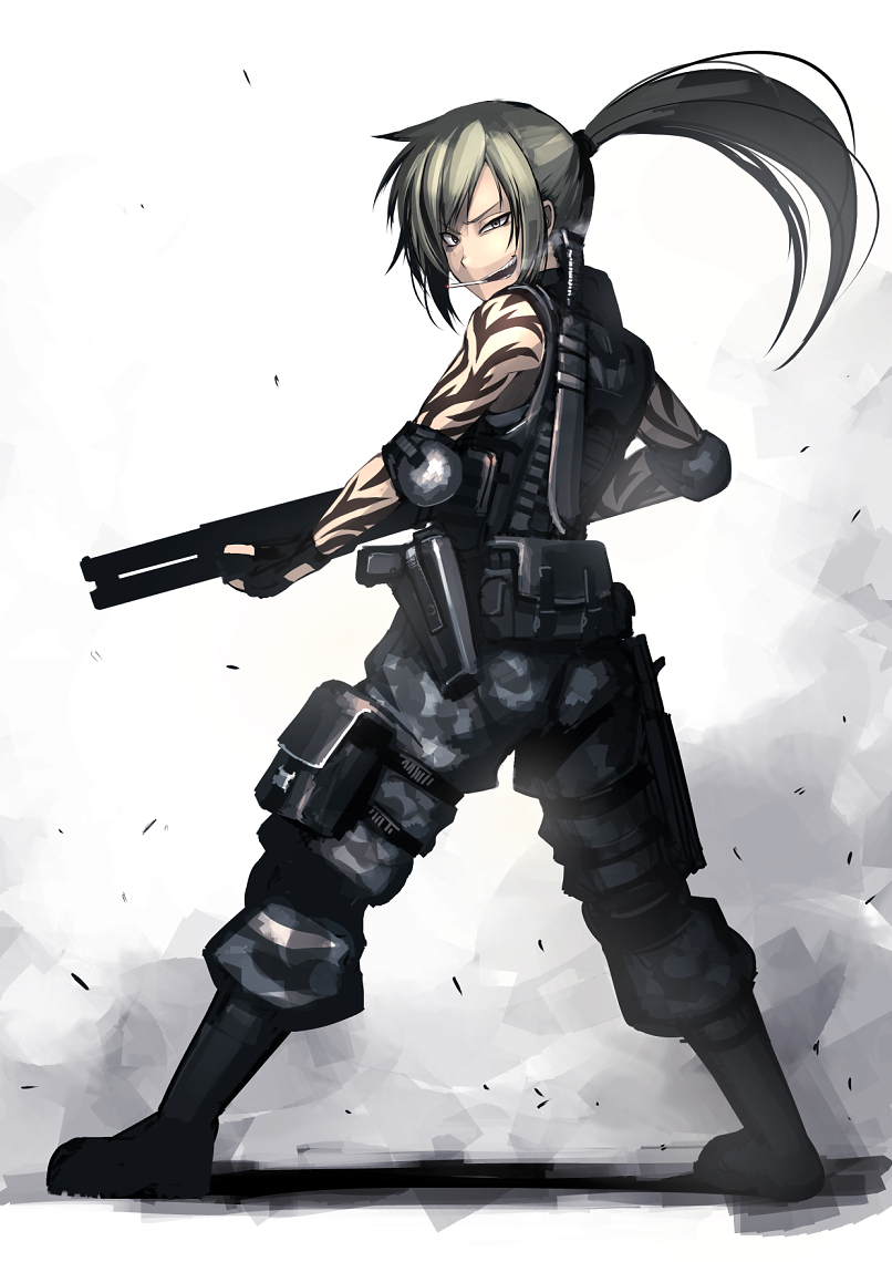 1girl, blonde_hair, boots, camouflage_pants, cigarette, elbow_pads, fingerless_gloves, gloves