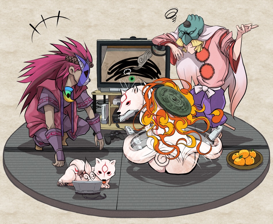 2boys, amaterasu, bowing, chibiterasu, full_body, long_hair, mask, multiple_boys, oki_(ookami), ookami_(game), squatting, television, tsukumo, ushiwakamaru, very_long_hair, wii, wolf