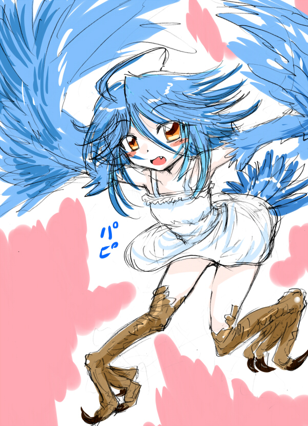 1girl, ahoge, blue_hair, blush, dress, fang, feathered_wings, flat_chest
