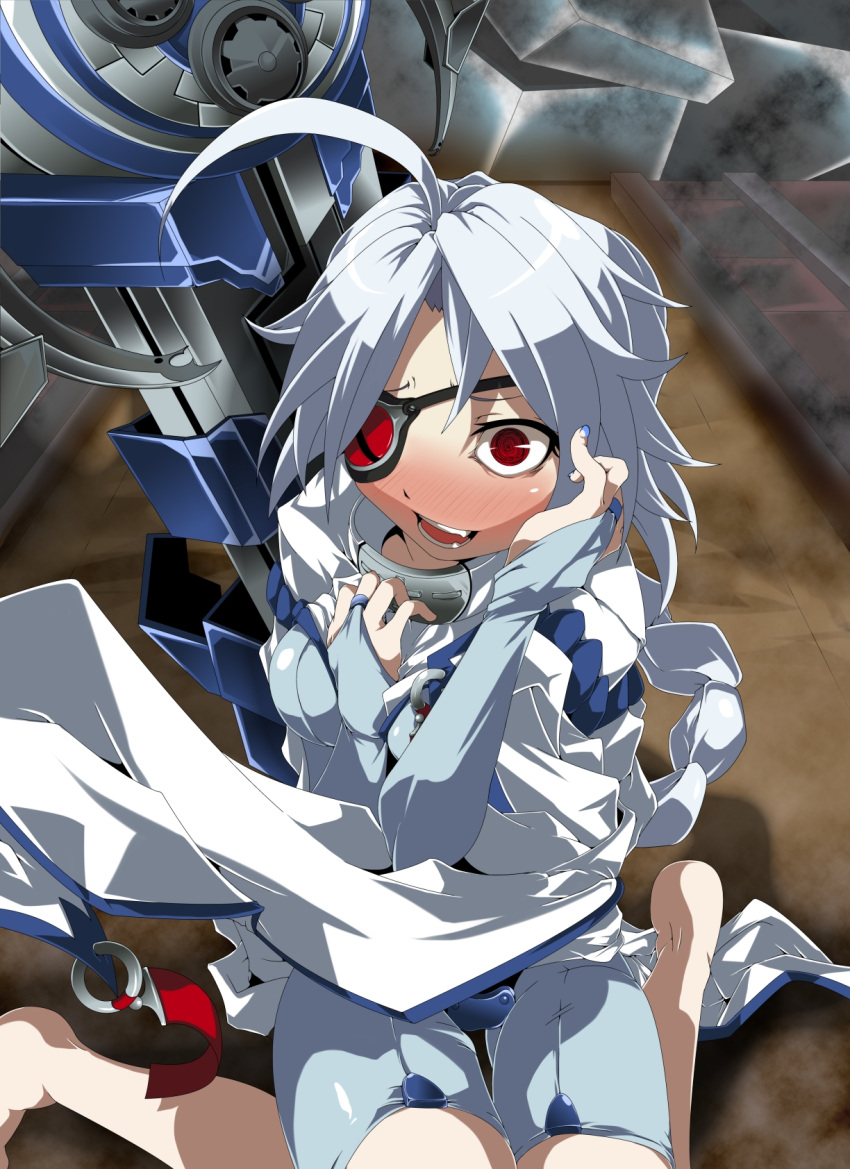 1girl, ahoge, blazblue, bodysuit, cape, diabolic-mario, eyepatch, highres