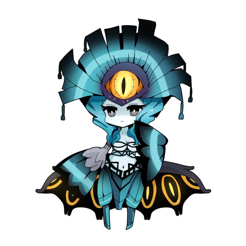 1girl, :<, aragami, armband, black_eyes, breasts, cleavage, eyelashes