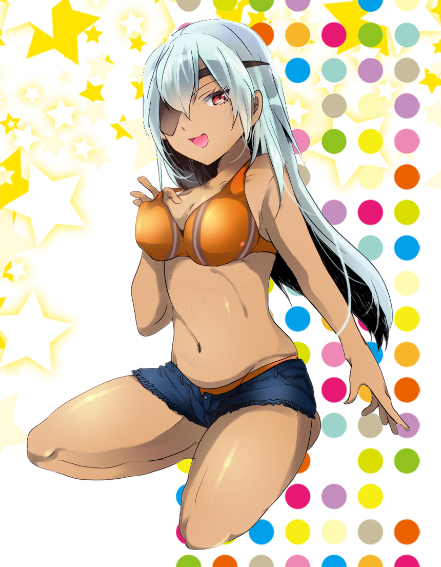 1girl, blue_hair, bra, breasts, eyepatch, genderswap, inazuma_eleven, inazuma_eleven_(series), kneeling, large_breasts, long_hair, navel, no_shirt, open_mouth, panties, sakuma_jirou, shorts, solo, star, sugimoto_surume, underwear