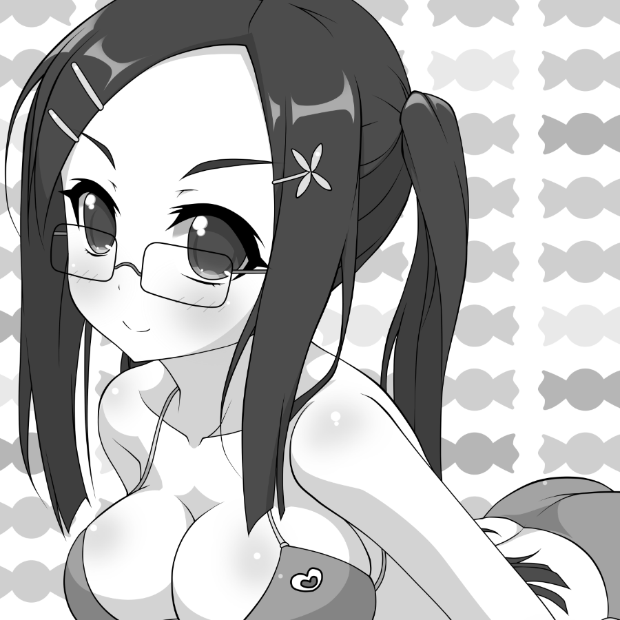 1girl, blush, breasts, candy_pop_nightmare, cleavage, himekawa_makina, k10k, monochrome