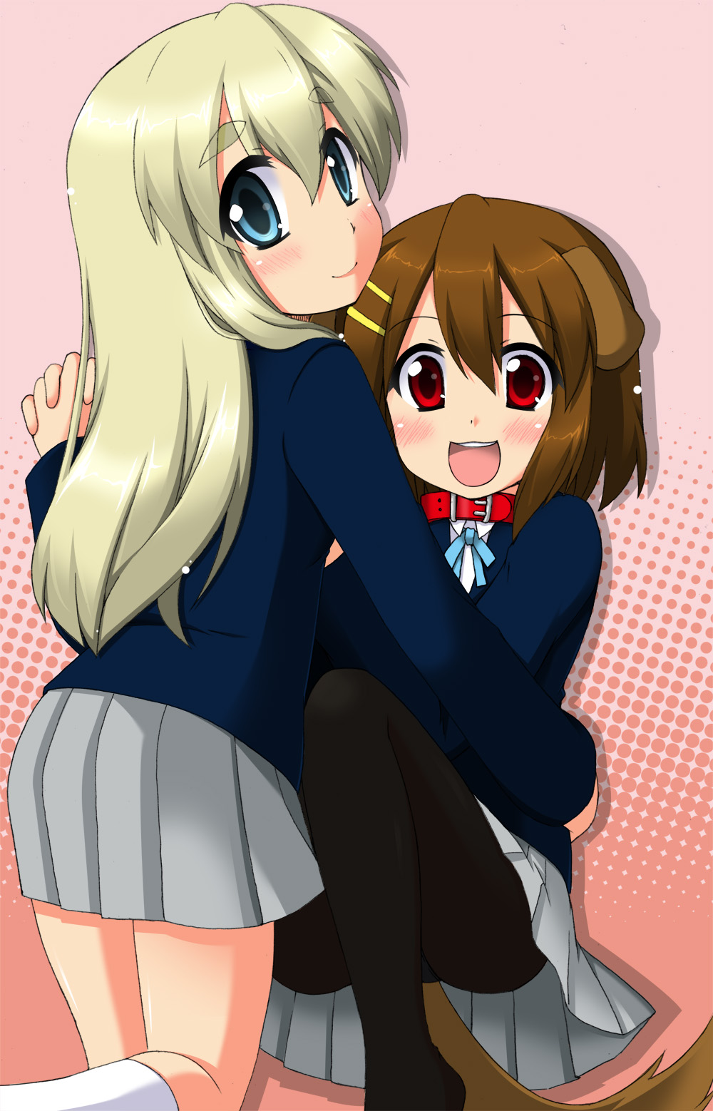 animal_ears, blonde_hair, blue_eyes, brown_hair, collar, dog_ears, dog_tail, eyebrows