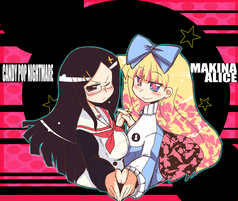 2girls, blonde_hair, blush, bow, breasts, candy_pop_nightmare, character_name, copyright_name