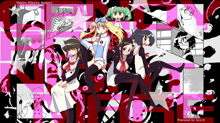 6_girls, ahoge, arms_up, black_legwear, blonde_hair, blush, bow, breasts