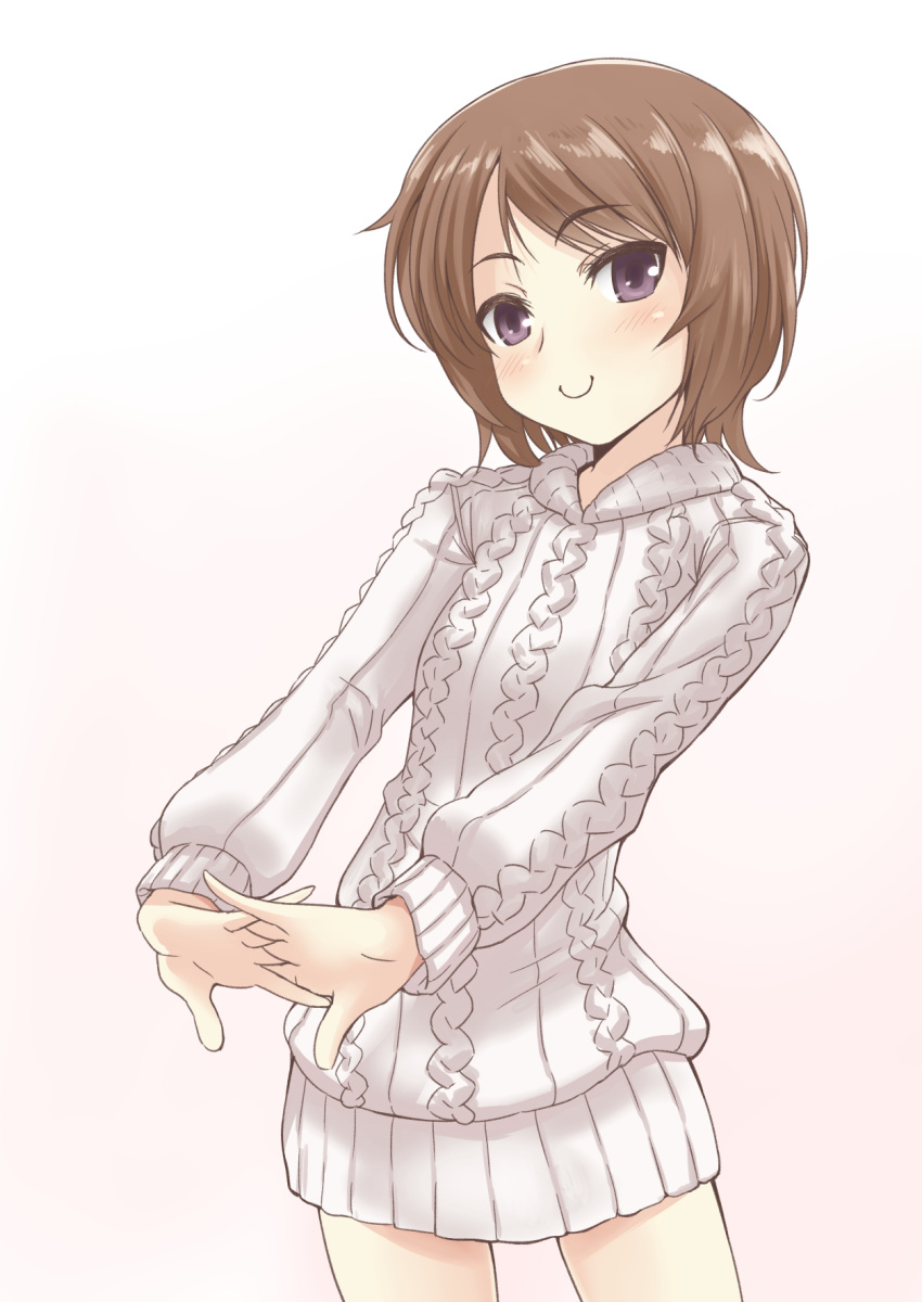 1girl, blush, brown_hair, highres, kinuhata_saiai, purple_eyes, smile, solo