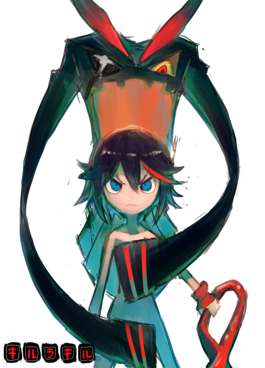 black_hair, blue_eyes, covering, covering_breasts, covering_crotch, highres, kill_la_kill, living_clothes
