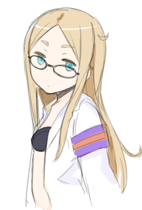1girl, armband, blonde_hair, blue_eyes, bra, bust, glasses, ha-ru