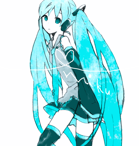 1girl, aqua_eyes, aqua_hair, detached_sleeves, expressionless, hatsune_miku, headphones, heart, iko_(i-my-16), long_hair, looking_at_viewer, necktie, skirt, solo, thighhighs, twintails, vocaloid, white_background