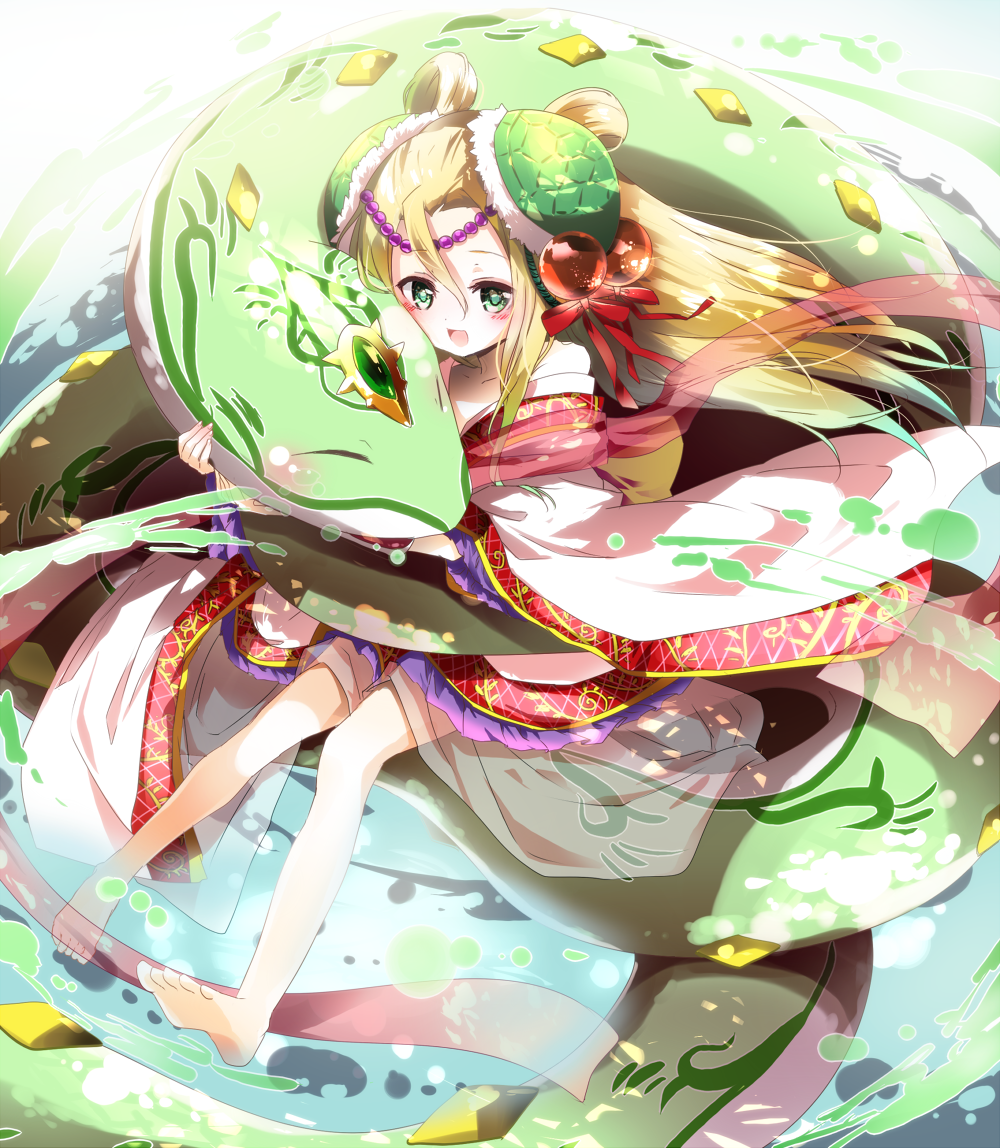 1girl, barefoot, blonde_hair, chinese_clothes, emam_0201, green_eyes, hanfu, long_hair