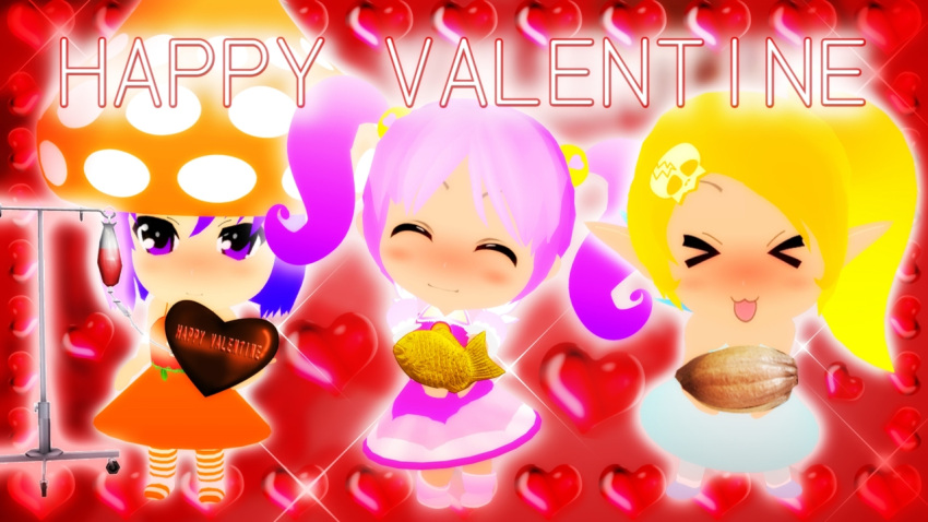 >_<, 3girls, blonde_hair, blush, chocolate, fairy, fairy_wings, food