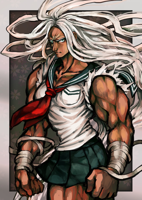 1girl, bandages, blue_eyes, dangan_ronpa, dark_skin, muscle, oogami_sakura, scar