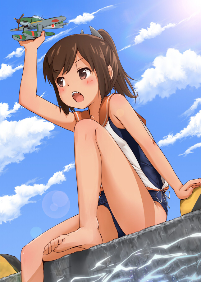 1girl, bare_shoulders, blue_sky, blush, brown_eyes, brown_hair, clouds, i-401_(kantai_collection)
