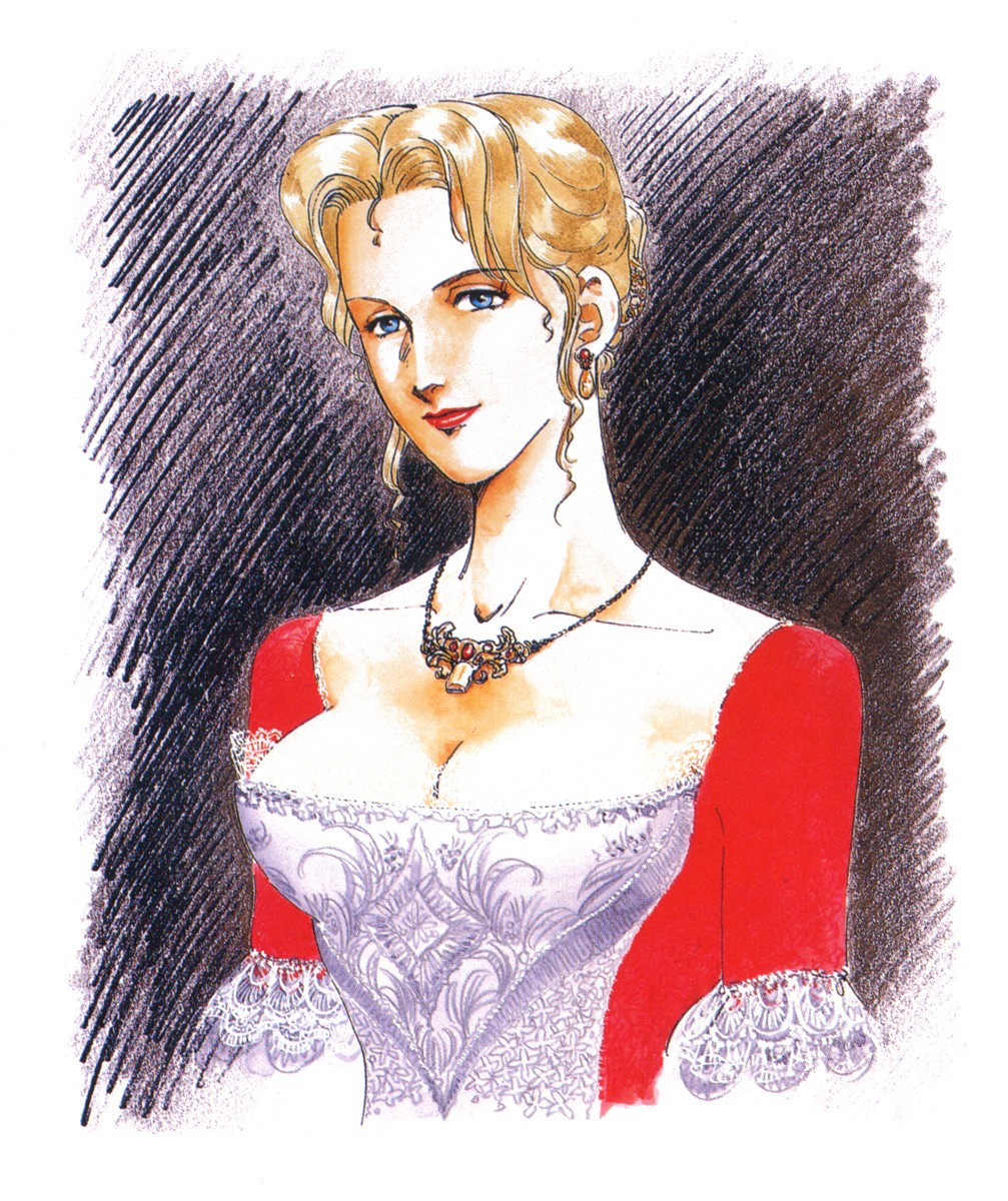 1girl, alternate_costume, blonde_hair, blue_eyes, breasts, bust, charlotte_christine_de_colde, cleavage, dress, earrings, formal, hair_bun, highres, historical, jewelry, lace, lips, lipstick, makeup, mera_jin, necklace, official_art, samurai_spirits, smile, snk, solo