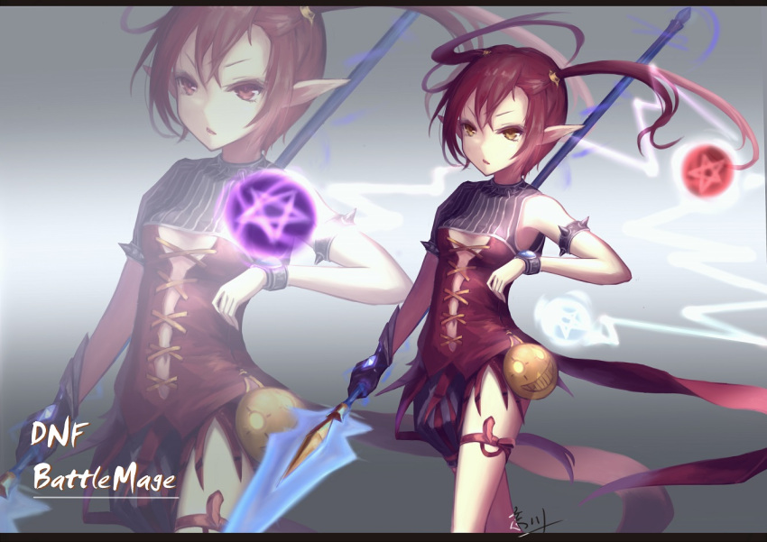 1girl, battle_mage_(dungeon_fighter_online), dungeon_and_fighter, hc, pointy_ears, redhead, solo, twintails, yellow_eyes, zoom_layer