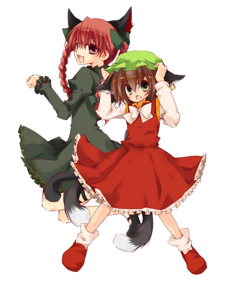 animal_ears, braid, brown_eyes, cat_ears, cat_tail, chen, earrings, hair_ribbon