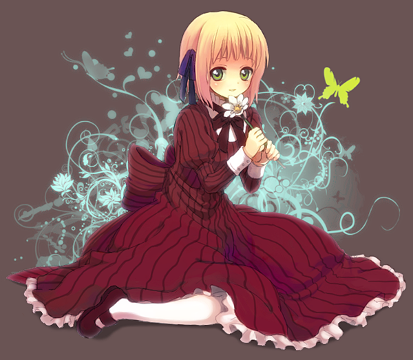 blonde_hair, dress, flower, green_eyes, hair_ribbon, liechtenstein_(hetalia), pantyhose, ribbon, short_hair, solo, xx_soul, yonko