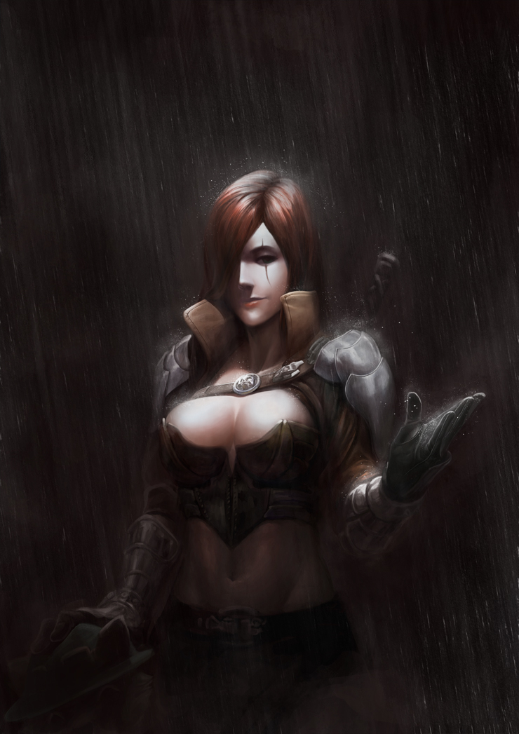 1boy, 1girl, bling_(wnsdud34), breasts, cleavage, dark, gloves, katarina_du_couteau