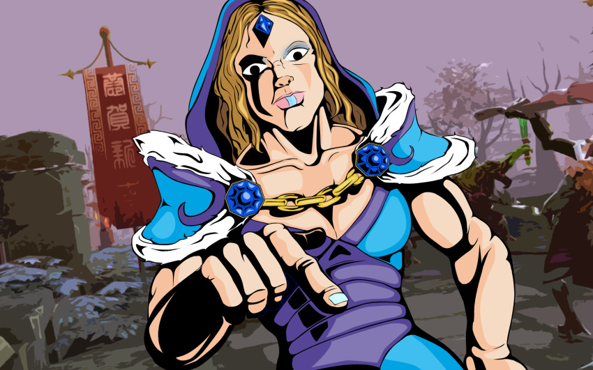 1girl, crossover, crystal_maiden, defense_of_the_ancients, dota_2, highres, hokuto_no_ken, kenshirou_(mono_ken)