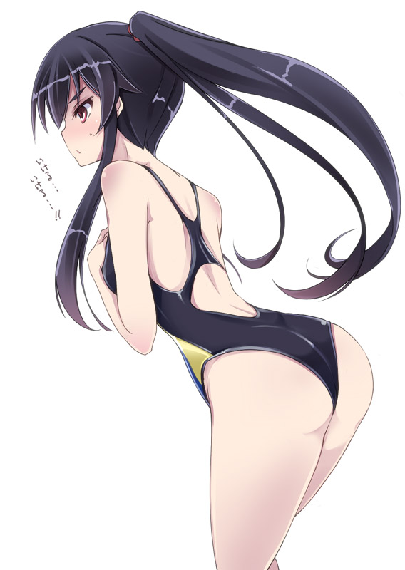 1girl, ass, black_hair, blush, kantai_collection, long_hair, mutou_kurihito, one-piece_swimsuit