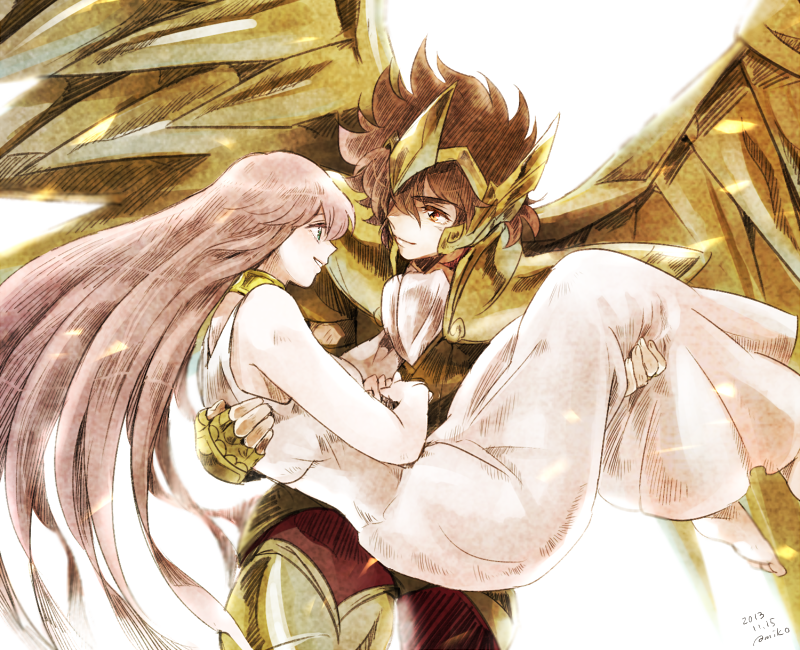 1boy, 1girl, 2013, amiko, armor, artist_name, barefoot, brown_hair, carrying, choker, couple, dated, dress, green_eyes, kido_saori, long_hair, orange_eyes, pegasus_seiya, pink_hair, princess_carry, saint_seiya, short_hair, smile, white_dress