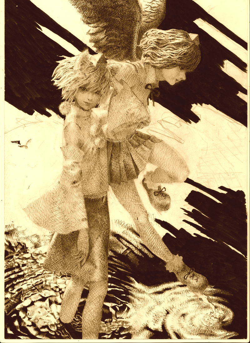 2girls, animal_ears, ankle_socks, ballpoint_pen_(medium), bird_wings, blouse, detached_sleeves, graphite_(medium)