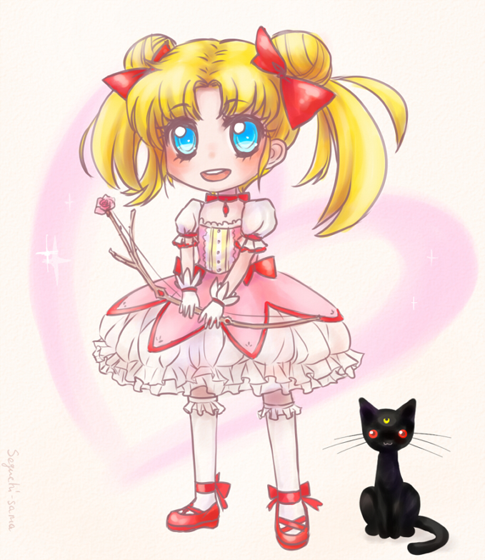 1girl, bishoujo_senshi_sailor_moon, blonde_hair, blue_eyes, cat, crossover, double_bun, gloves, hair_ribbon, kaname_madoka, kaname_madoka_(cosplay), kyubey, luna_(sailor_moon), magical_girl, mahou_shoujo_madoka_magica, next_lvl, open_mouth, red_eyes, ribbon, seguchi-sama, sitting, smile, standing, tsukino_usagi, twintails