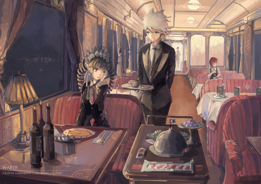1boy, 2girls, black_hair, celestia_rudenberk, cup, dangan_ronpa, drill_hair, gothic_lolita